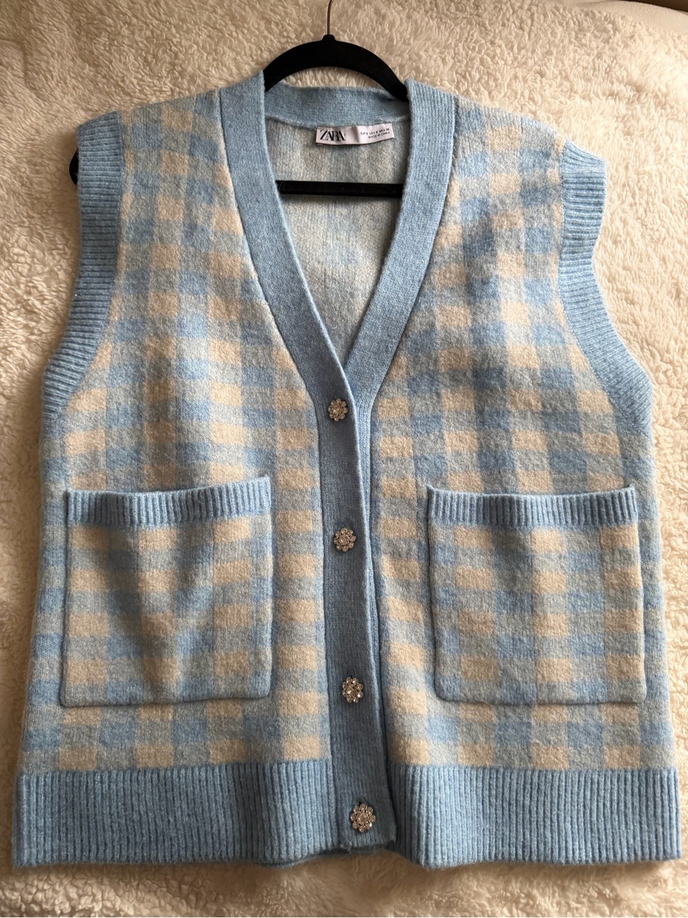 Zara Light Blue & Cream Check Knit Vest with Decorative Buttons
